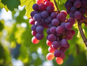 Weinrote Weintrauben an der Rebe. Die vorderen dunkellila im Schatten, die hinteren leuchtend rosa-orange, da die Sonne durch sie hindurchscheint